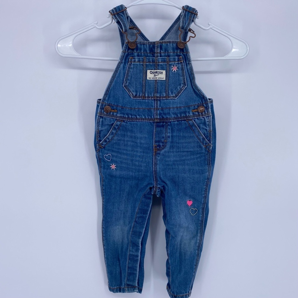 OshKosh B'gosh Blue & Pink Girls Denim Flower Overalls 12M